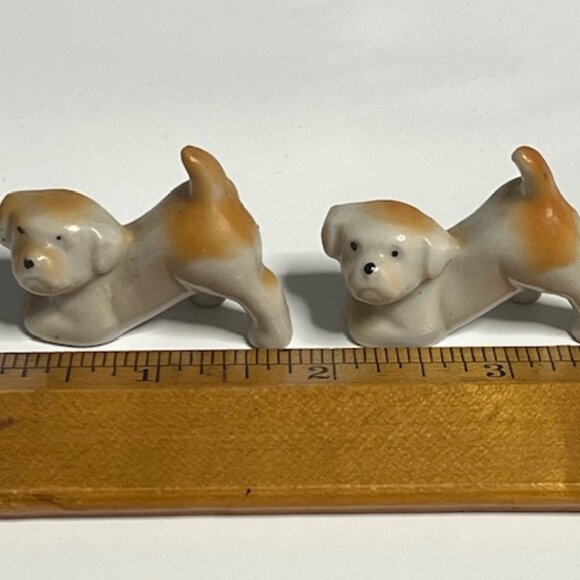 TWO Miniature Vintage White/Brown Puppies Porcelain Figurines 1.6" - Picture 10 of 11